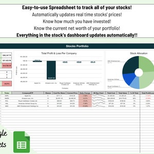 May include: A spreadsheet with a green, white, and black color scheme. The spreadsheet is titled "Stocks Portfolio" and shows a list of stocks, their current price, and their total value. The spreadsheet also includes a chart showing the total profit and loss per company.