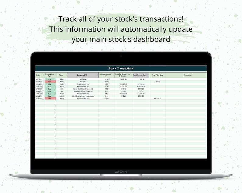 May include: A screenshot of a laptop screen displaying a spreadsheet titled "Stock Transactions". The spreadsheet has columns for date, transaction type, ticker, company, shares quantity, cost per share, total amount paid, total price paid, and comments. The spreadsheet is filled with data about stock transactions.