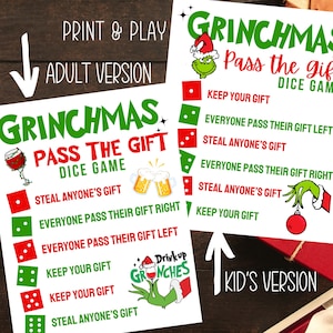 Grinch Pass the Gift Game, Christmas Left Right Game, Grinchmas Party afdrukbaar
