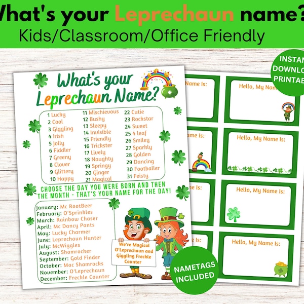 St Patrick's Game for Kids, Leprechaun Name Game, Name Generator Party Game, What's your Lucky name, Office St Patricks Day Lucky Game