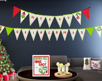 Drink Up Grinch Banner Mit Girlande, Glitzernd – Weihnachtsdekoration Für Party & Zuhause