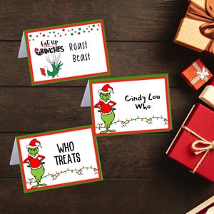 Cartão de barraca de comida para festa de fim de ano do Grinch, cartão de lugar para festa de Grinchmas editável, etiqueta de comida de Natal