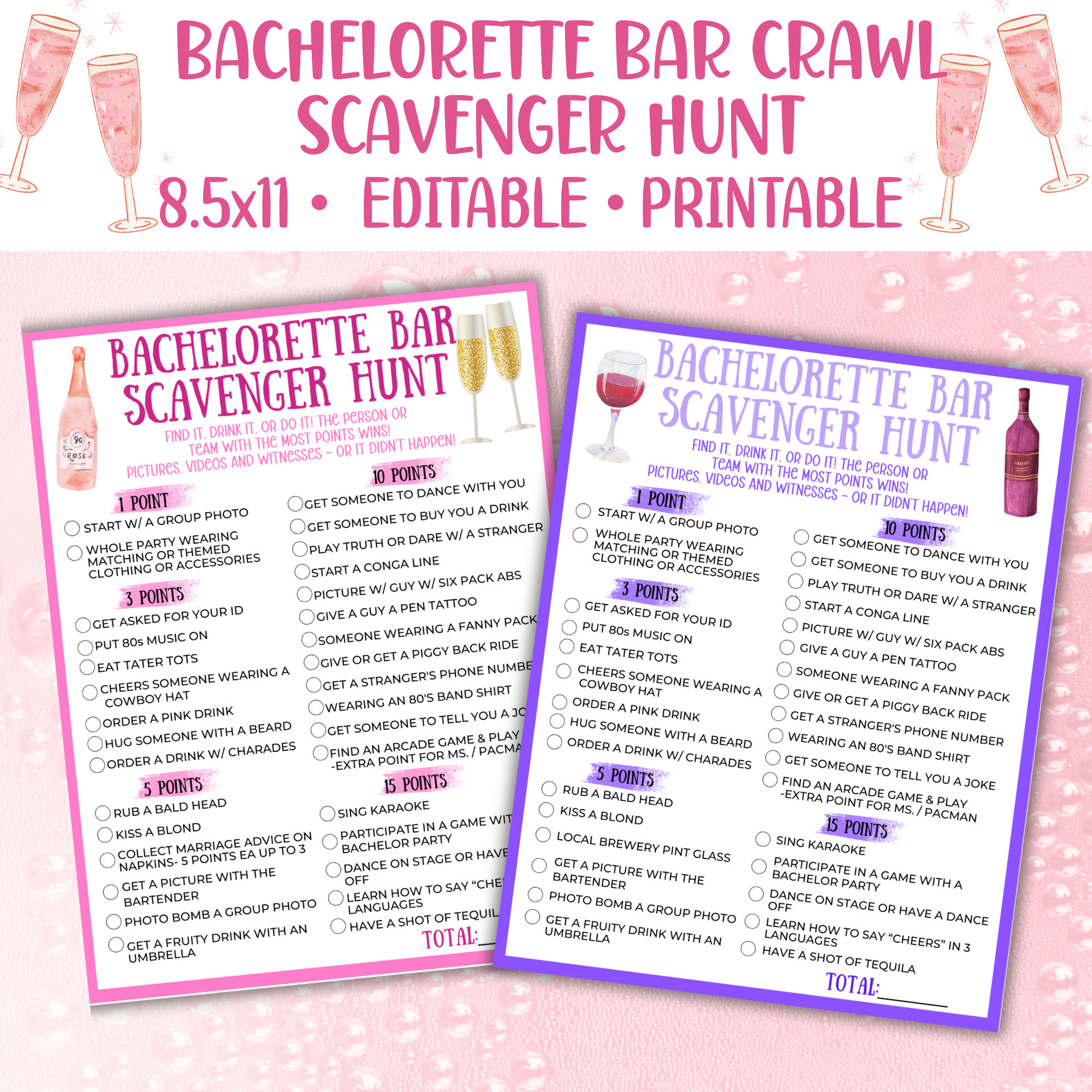 Bachelorette Bar Crawl Scavenger Hunt, Editable Bachelorette Party