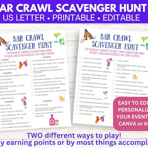 Bar Crawl Scavenger Hunt Adult Drinking Game, Pub Crawl, Bar Games