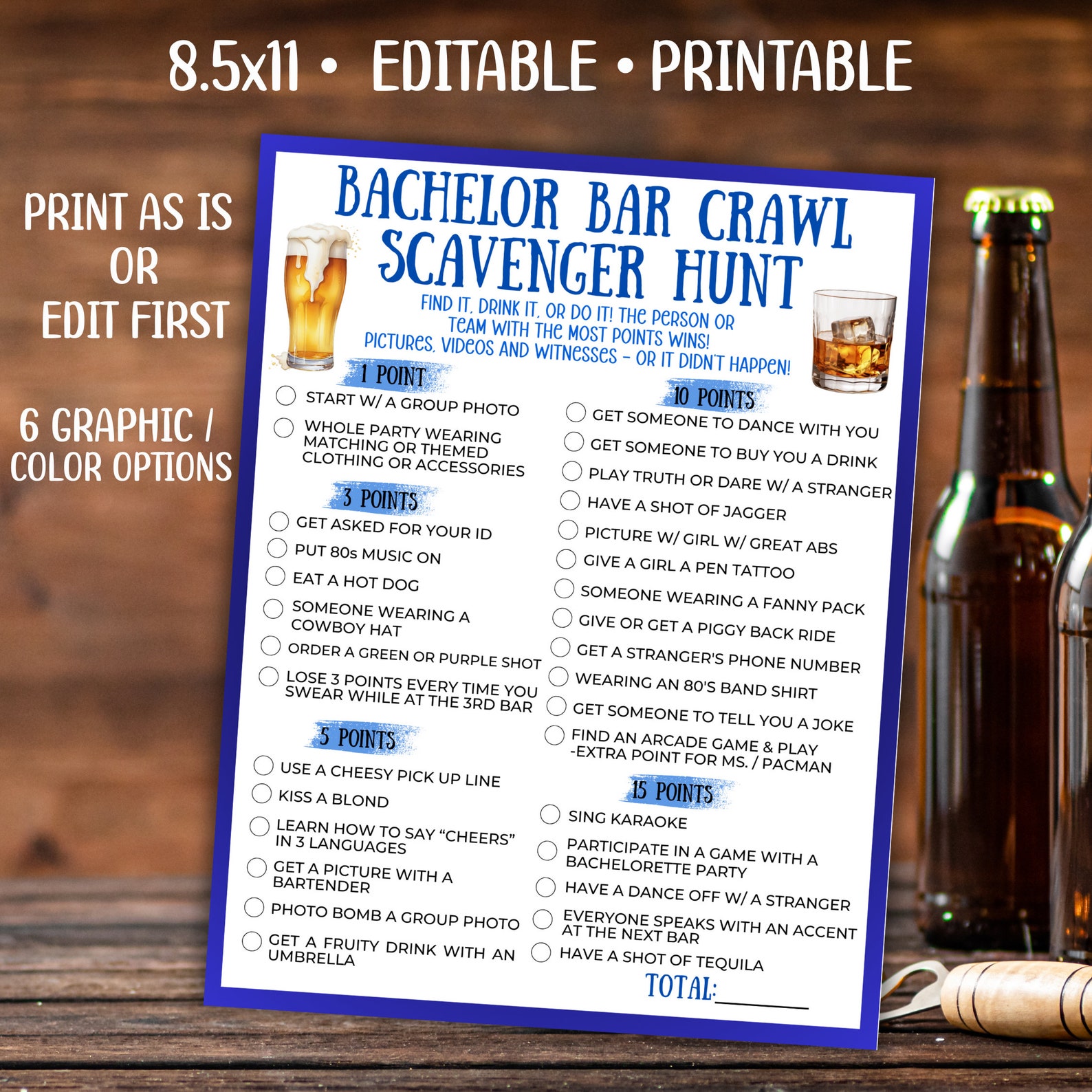 Customizable Bachelor Party Bar Crawl Scavenger Hunt, Printable