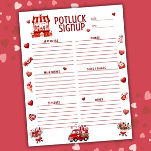 Puede incluir: Una hoja de inscripción para un potluck de San Valentín imprimible con un camión rojo y corazones. La hoja está dividida en categorías para aperitivos, platos principales, acompañamientos/ensaladas, postres y otros.