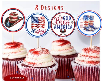 4th of July Cupcake Toppers, Cowboy Fourth of July Printable Party Decor, Americana Patriotic Cake Toppers for Independence Day