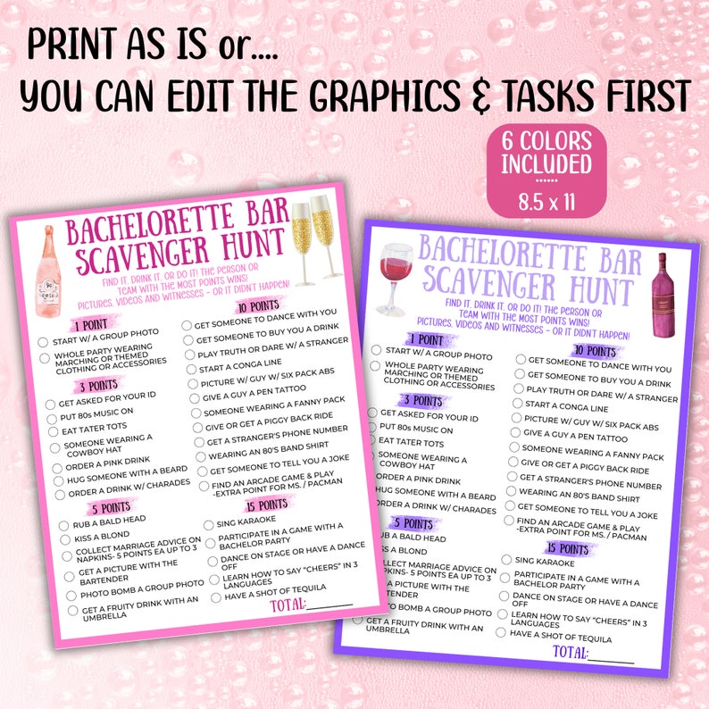 Bachelorette Bar Crawl Scavenger Hunt, Editable Bachelorette Party