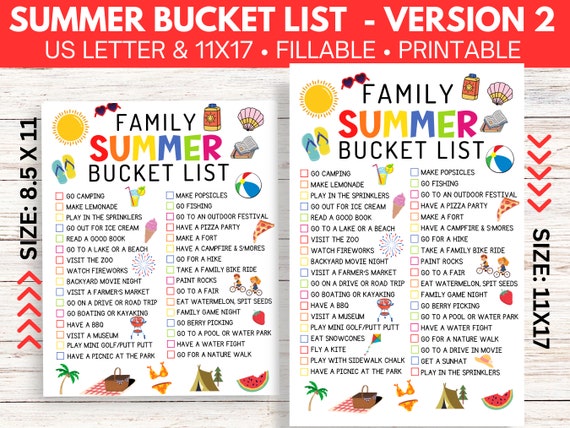 Kids Summer Bucket List Printable, Editable Things to Do Checklist