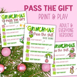 Gra Grinch Pass the Gift, gra świąteczna Left Right, impreza Grinchmas do wydrukowania, Pinkmas