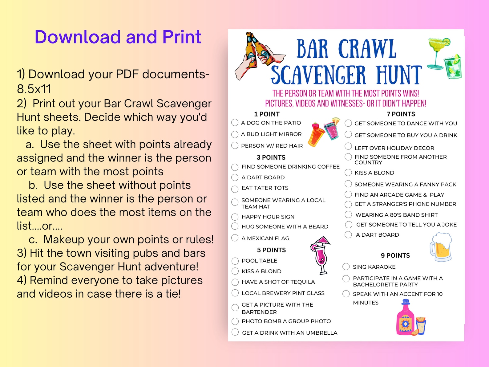 Bar Crawl Scavenger Hunt Adult Drinking Game Pub Crawl Bar Etsy