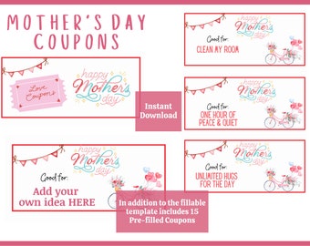 Mother's Day Coupon Book for Mom Printable Moms Day Custom Coupons from Kids DIY