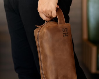 Personalizable Handmade Genuine Leather Dopp Kit – Men’s Travel Toiletry Bag – Shaving & Accessory Organizer – Personalized Gift