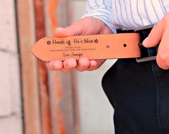 Personalized Leather Belt for Husband, Hands Off Message Engraved Inside, Wife Gift