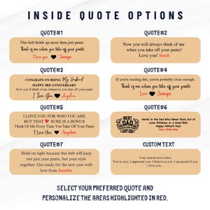 May include: Image showcasing quote options for a belt. The text includes phrases like "Think of me when you take off your pants" and "Happy Father's Day!" with customizable areas. The design is on a light beige background with dark blue text.