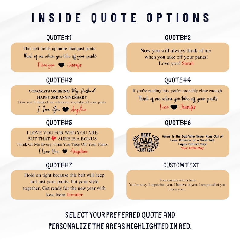 May include: Image showcasing quote options for a belt. The text includes phrases like "Think of me when you take off your pants" and "Happy Father's Day!" with customizable areas. The design is on a light beige background with dark blue text.