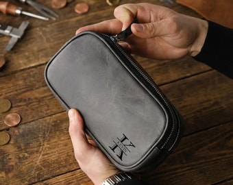 Personalized Full Grain Leather Dopp Kit for Men – Custom Travel Bag with Hand Strap – Valentine’s Day Gift for Him – Monogram Available