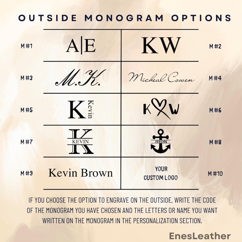 May include: Image showcasing monogram options for engraving. Includes various designs with letters, names, and a custom logo option. Text reads "OUTSIDE MONOGRAM OPTIONS" and "EnesLeather". Instructions are provided for personalization.