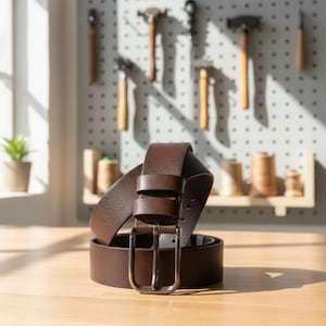 May include: A rolled-up brown leather belt with a silver-colored buckle sits on a wooden surface. The belt is the focal point, with tools and spools of thread in the background. The lighting creates shadows, highlighting the texture of the leather.