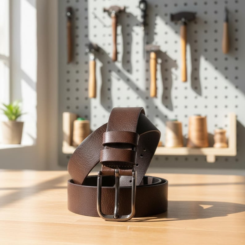 May include: A rolled-up brown leather belt with a silver-colored buckle sits on a wooden surface. The belt is the focal point, with tools and spools of thread in the background. The lighting creates shadows, highlighting the texture of the leather.