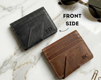 4th Anniversary Gift for Him, Slim Magnetic Wallet, Personalized Leather Card Holder