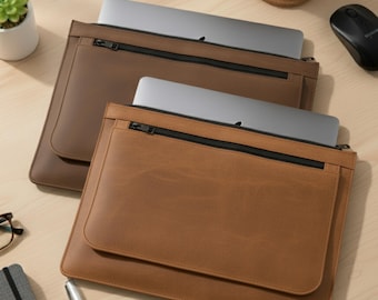 Handmade Leather MacBook Sleeve, Laptop Case with Front Pocket, Personalized Laptop Bag for Work & Travel, Slim Protective Computer Cover