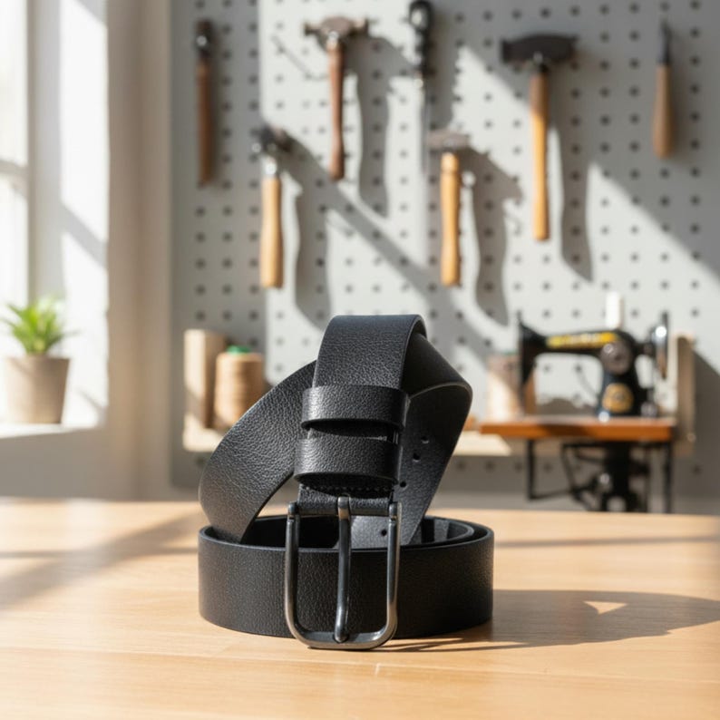 May include: A black leather belt with a silver-colored buckle is coiled on a wooden surface. The belt is thick and has a textured appearance. The background includes tools hanging on a pegboard and a miniature sewing machine.