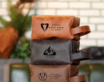 Leather Dopp Kit for Groomsmen, Personalized Travel Toiletry Bag, Wedding Party Gift