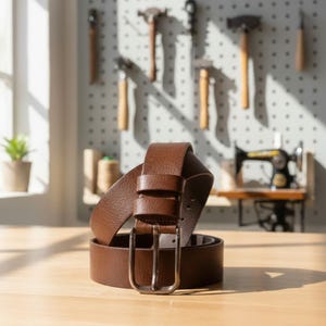 May include: A rolled brown leather belt with a silver-colored buckle sits on a wooden surface. The belt is textured and appears to be new. The background includes tools and a sewing machine.