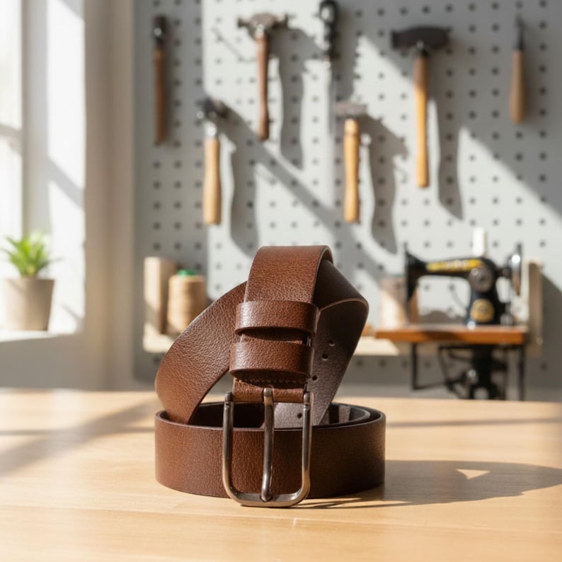 May include: A rolled brown leather belt with a silver-colored buckle sits on a wooden surface. The belt is textured and appears to be new. The background includes tools and a sewing machine.