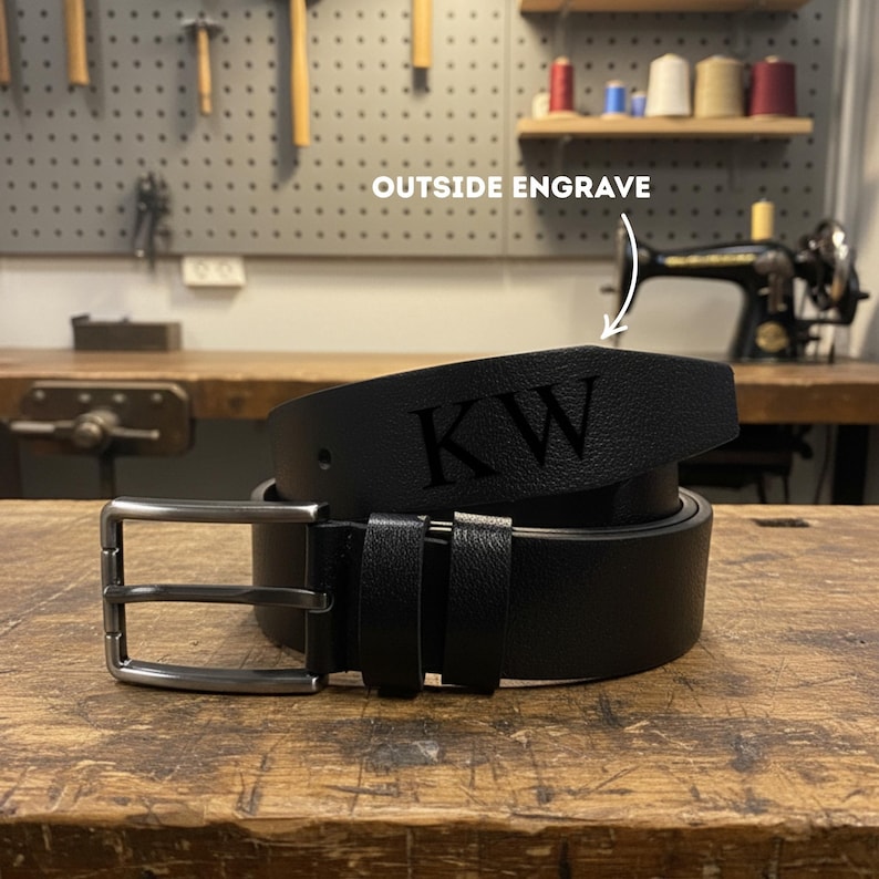 May include: Black leather belt with a silver-colored buckle. The belt features the initials "KW" engraved on the outside. The belt is displayed on a wooden surface.