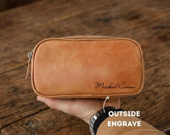 Personalized Full Grain Leather Dopp Kit for Men – Custom Travel Bag with Hand Strap – Valentine’s Day Gift for Him – Monogram Available