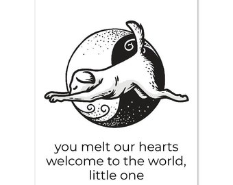 ヨガ動物新生児カード 10 枚 | ベビーシャワー カード | 性別を問わないベビーカード | 子犬のポーズ | とろけるハートのポーズ | 陰陽