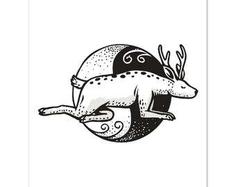 陰ヨガ動物ポスター | 鹿のポーズプリント | ヨガプリント | ヨガアート | ヨガスタジオの装飾 | ヨガ愛好家へのギフト | 瞑想アート | 11x14