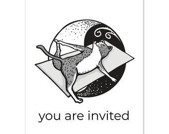 ヨガ動物招待カード 10 枚 | パーティー イベント招待状 | ご招待します | しっぽを引っ張る猫のポーズ | 陰陽