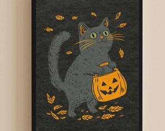 Trick or treat cat art print, cute halloween wall art, halloween home decor, whimsical Halloween decor, vintage style Halloween illustration