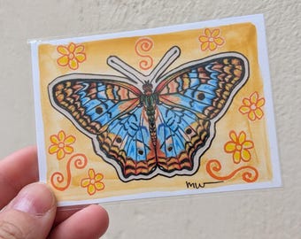 Butterfly ACEO, floral ATC, 3.5" x 2.5" tiny original art, miniature art, watercolor artist card