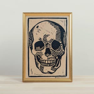Skull linocut print, unframed Halloween wall art, spooky home decor, skull original art, skeleton block print, handmade Halloween art