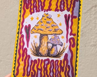 Mushroom lover ACEO, mushroom ATC, 2.5" x 3.5"  tiny giclee print, artist enhanced mini mushroom print, artist card