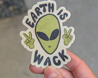 Matte finish alien sticker, vintage style alien laptop sticker, peace sign car decal, 3" waterproof vinyl sticker gift