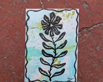 Flower ACEO, retro flower ATC, 2.5" x 3.5" tiny original art, miniature art, acrylic and ink artist card