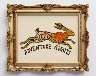 Floral rabbit giclee art print, rabbit with flowers, retro adventure art, cute jumping bunny travel wall decor, nursery art gift for nomad