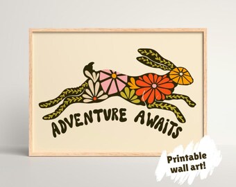 Printable floral rabbit wall art, bunny with flowers high quality JPG, retro digital art, cute nursery wall decor, bold adventure art