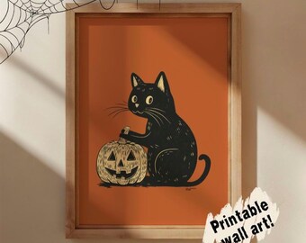 Halloween black cat printable art, jack o lantern digital art, whimsigoth halloween art print, cute Halloween poster for classroom, wall art