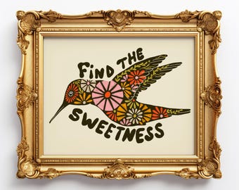 Floral hummingbird giclee art print, bird with flowers, retro animal positive vibes saying, spiritual yoga wall decor, nursery art gift