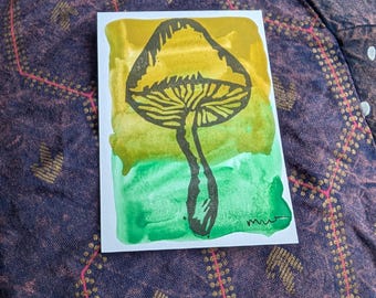 Mushroom ACEO, gouache ATC, 2.5" x 3.5" tiny original art, miniature linocut art, block print mixed media artist card