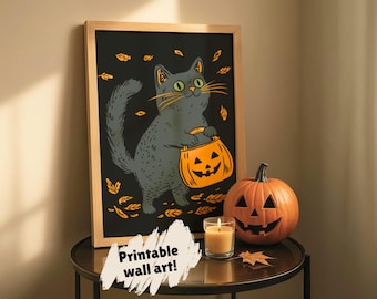 Trick or treating cat printable wall art JPG, jack o lantern digital art whimsigoth halloween art print, cute Halloween poster for classroom