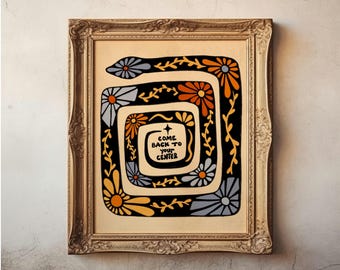 Floral snake giclee art print, blue orange snake spiral with flowers, retro animal wall art positive vibes saying, spiritual yoga wall decor