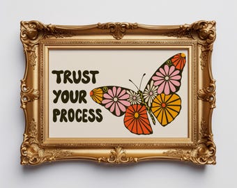 Floral butterfly giclee art print, butterfly with flowers, retro wall art positive vibes saying, encouraging bold spiritual yoga wall decor