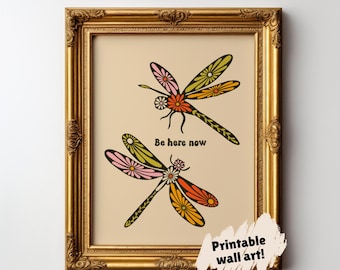 Printable floral dragonfly wall art, dragonfly with flowers JPG, retro digital art, positive spiritual wall decor, bold encouraging art